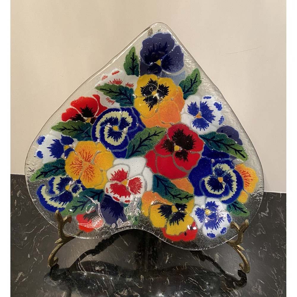 Peggy Karr Heart Shape Plate Dish With Colorful Pansies Signed 10"x 9"